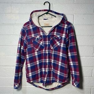 Hooded Fleece Lined Flannel Shirt Jacket Women’s Small Boston Traders Plaid EUC
